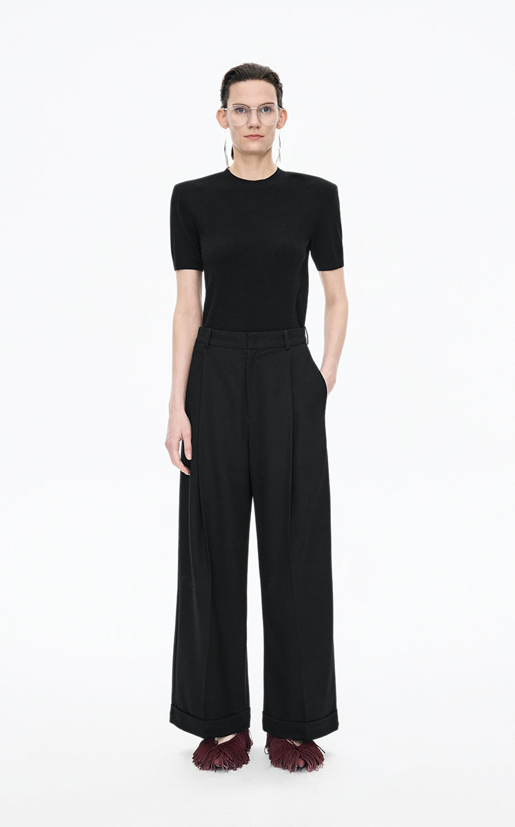 Pants / JNBY Wool Jacquard Cuffed Wide-Leg Pants Black