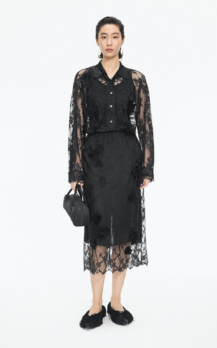 Shirt / JNBY Lace Floral Sheer Blouse Black