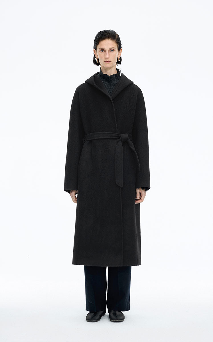 Coat / JNBY Wool Cashmere Hooded Long Coat Black