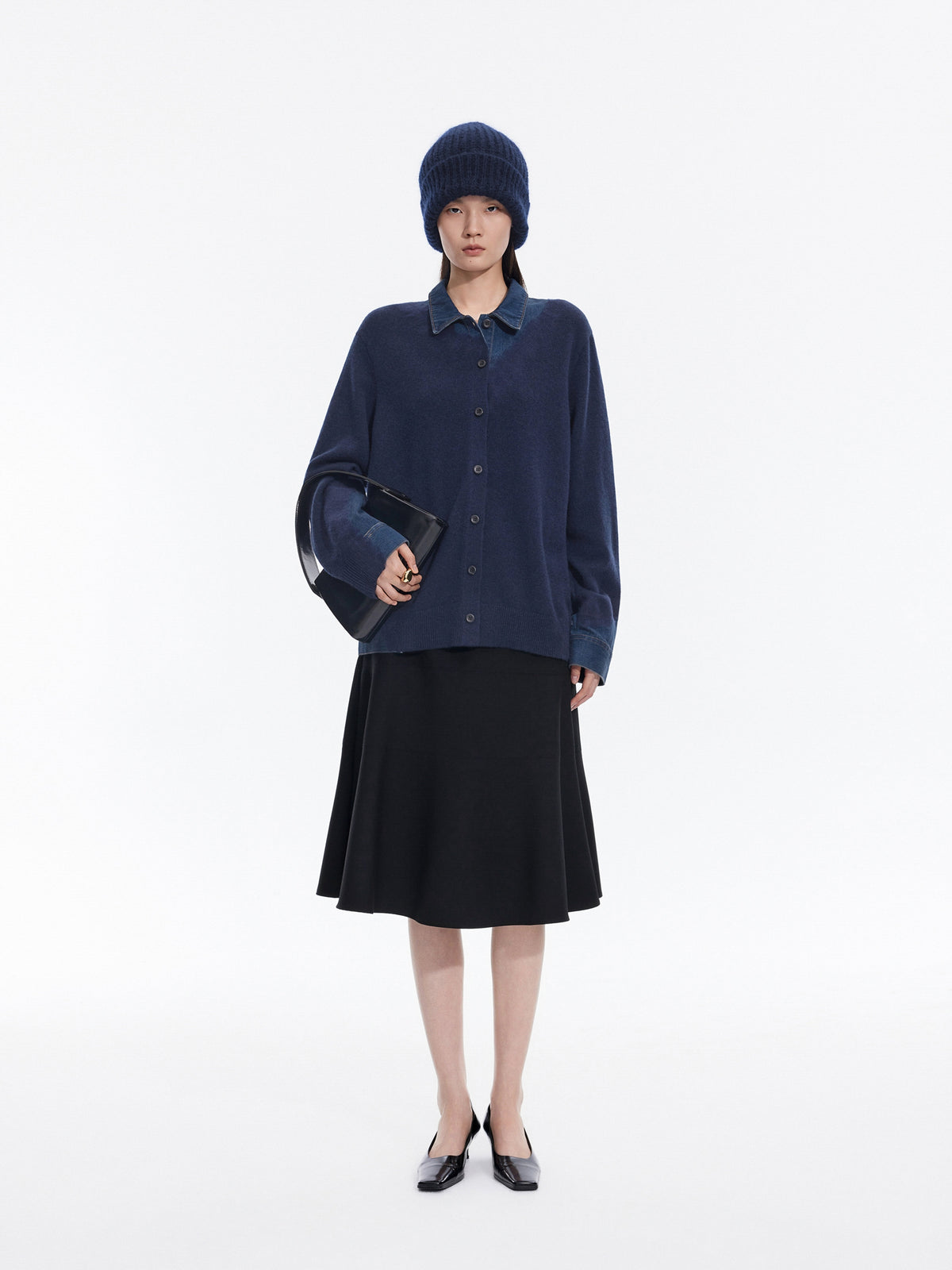 Cardigan / JNBY Wool Yak Blend Denim Patchwork Dark Blue