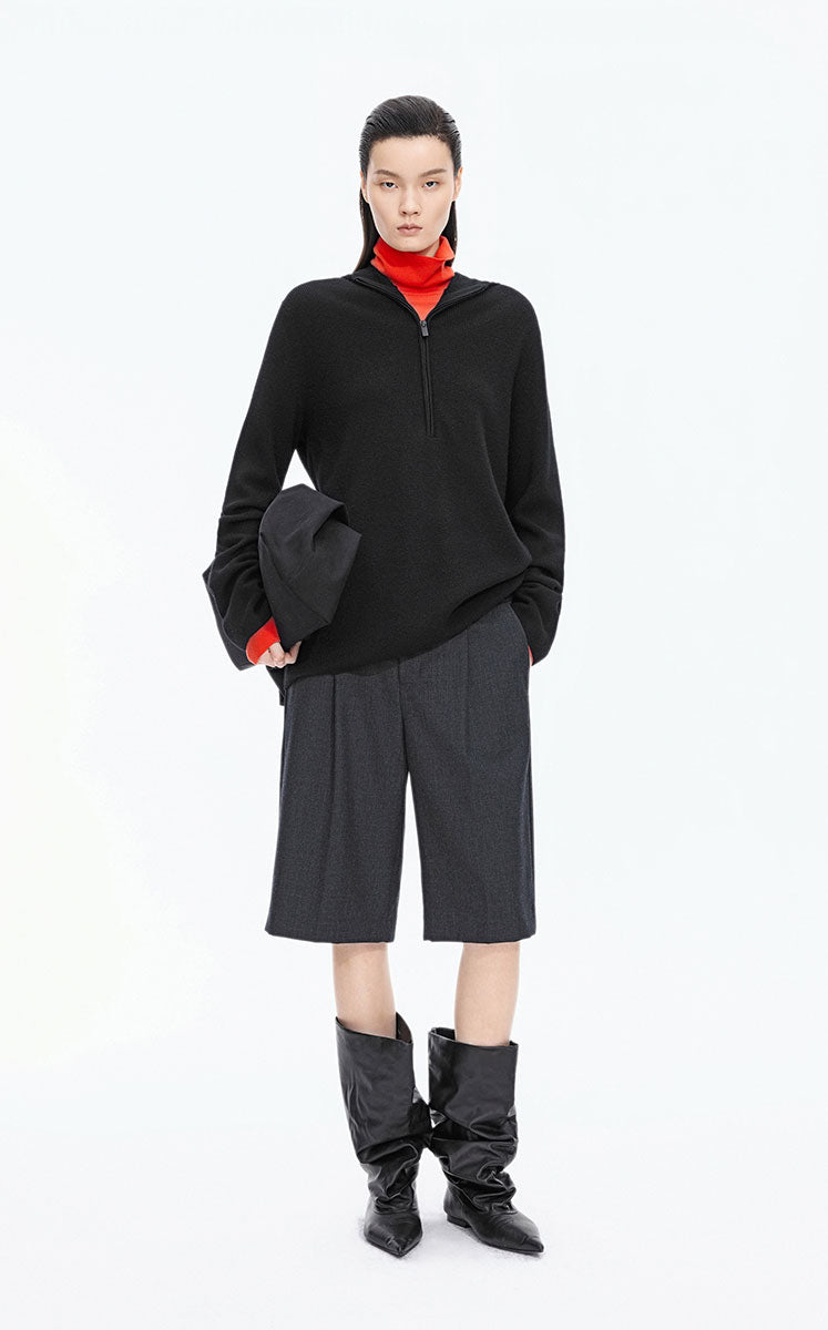 Sweater / JNBY Loose Quarter-Zip Wool Hoodie Black