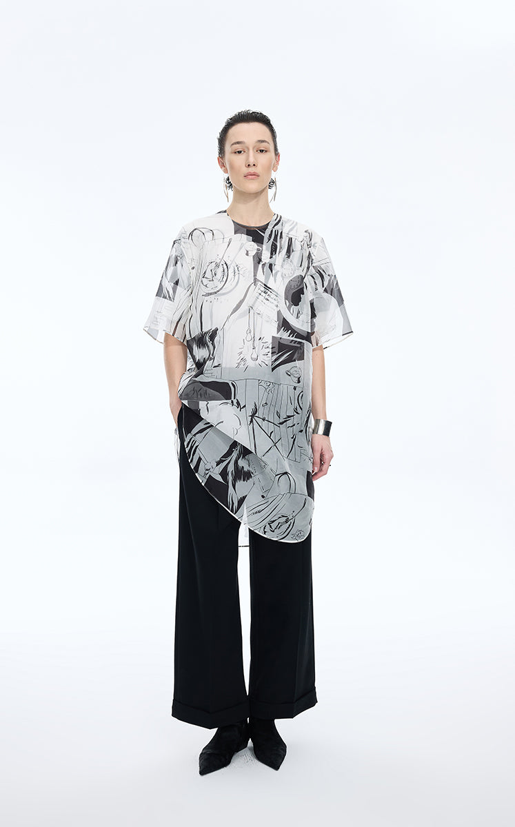 Dress / JNBY Silk Organza Comic Print Layered Dress Black-White