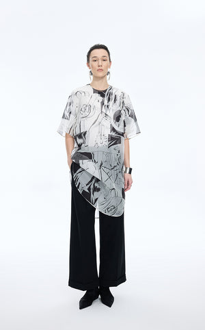 Dress / JNBY Silk Organza Comic Print Layered Dress Black-White