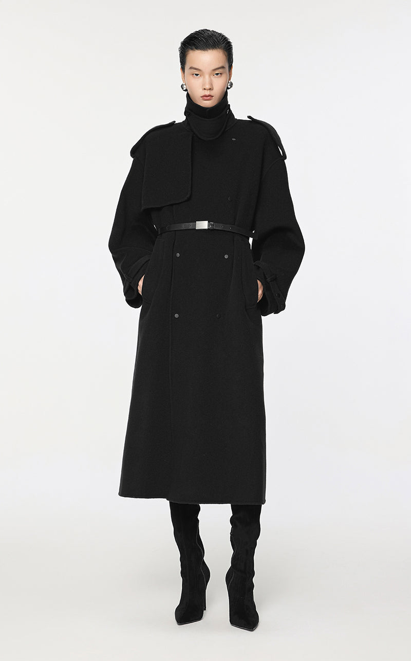 Coat / JNBY Double-Breasted Wool Trench Coat Black