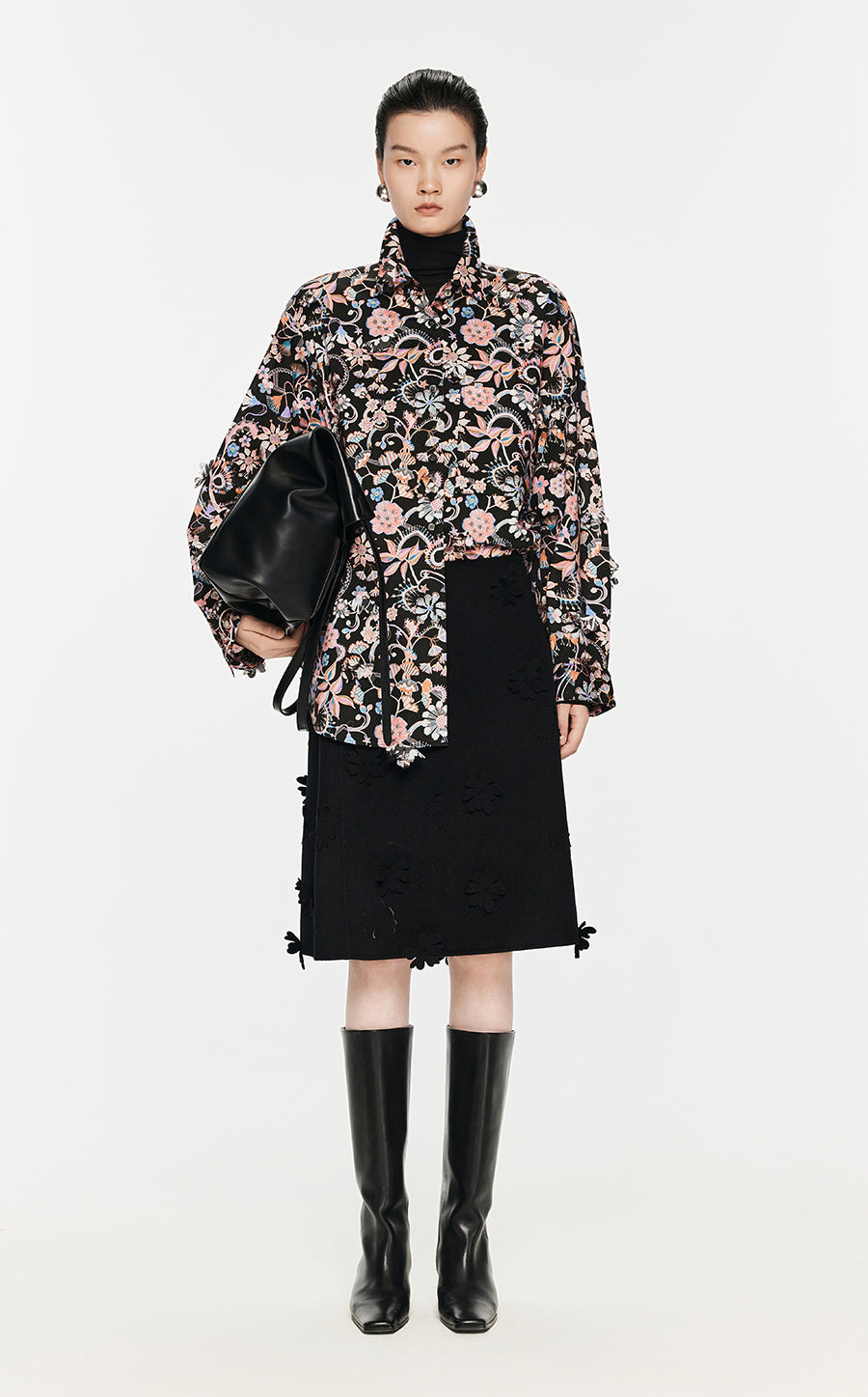 Skirt / JNBY Floral-embellished A-line Wool Skirt Black