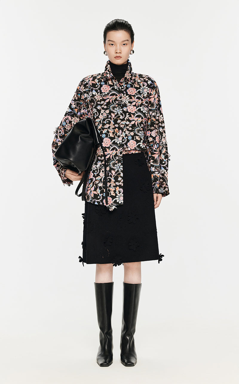 Skirt / JNBY Floral-embellished A-line Wool Skirt Black