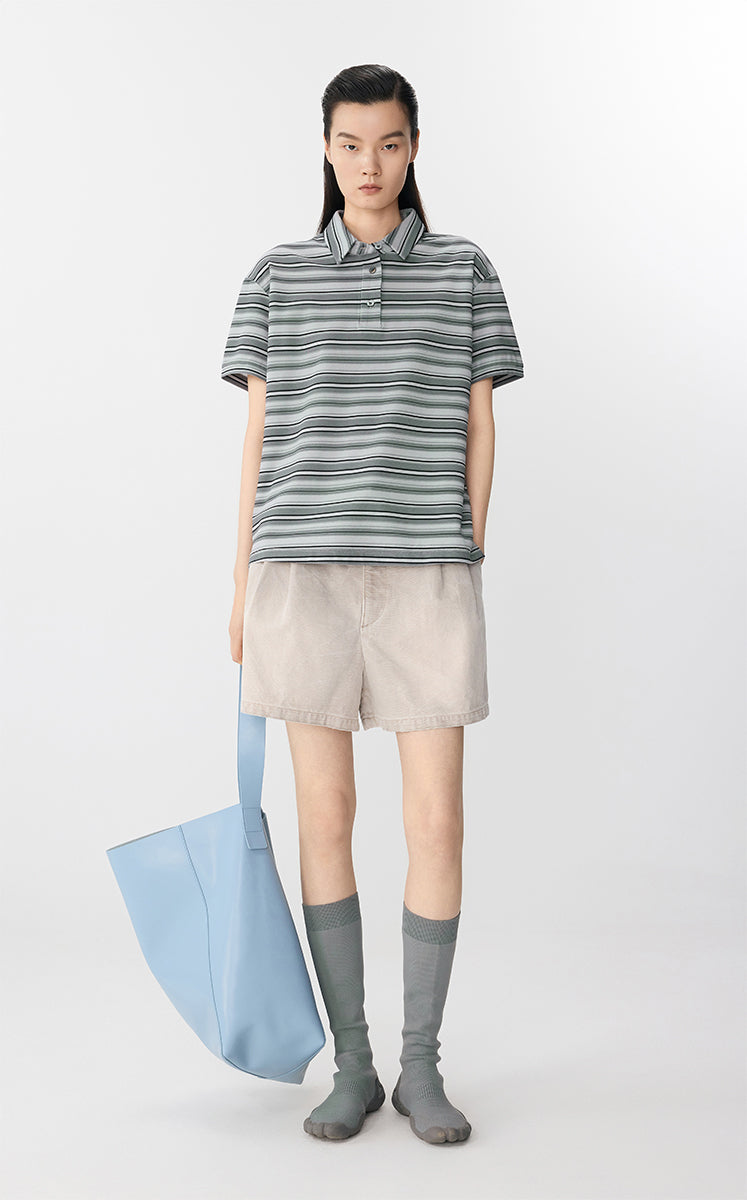 T-Shirt / JNBY Striped Cotton Relaxed Polo Tee Grey