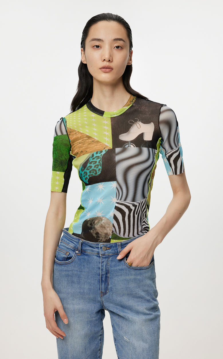 T-shirt / JNBY Multi-element Scene Printing Round Neck Short-sleeved T-shirt (100% nylon) Yellow