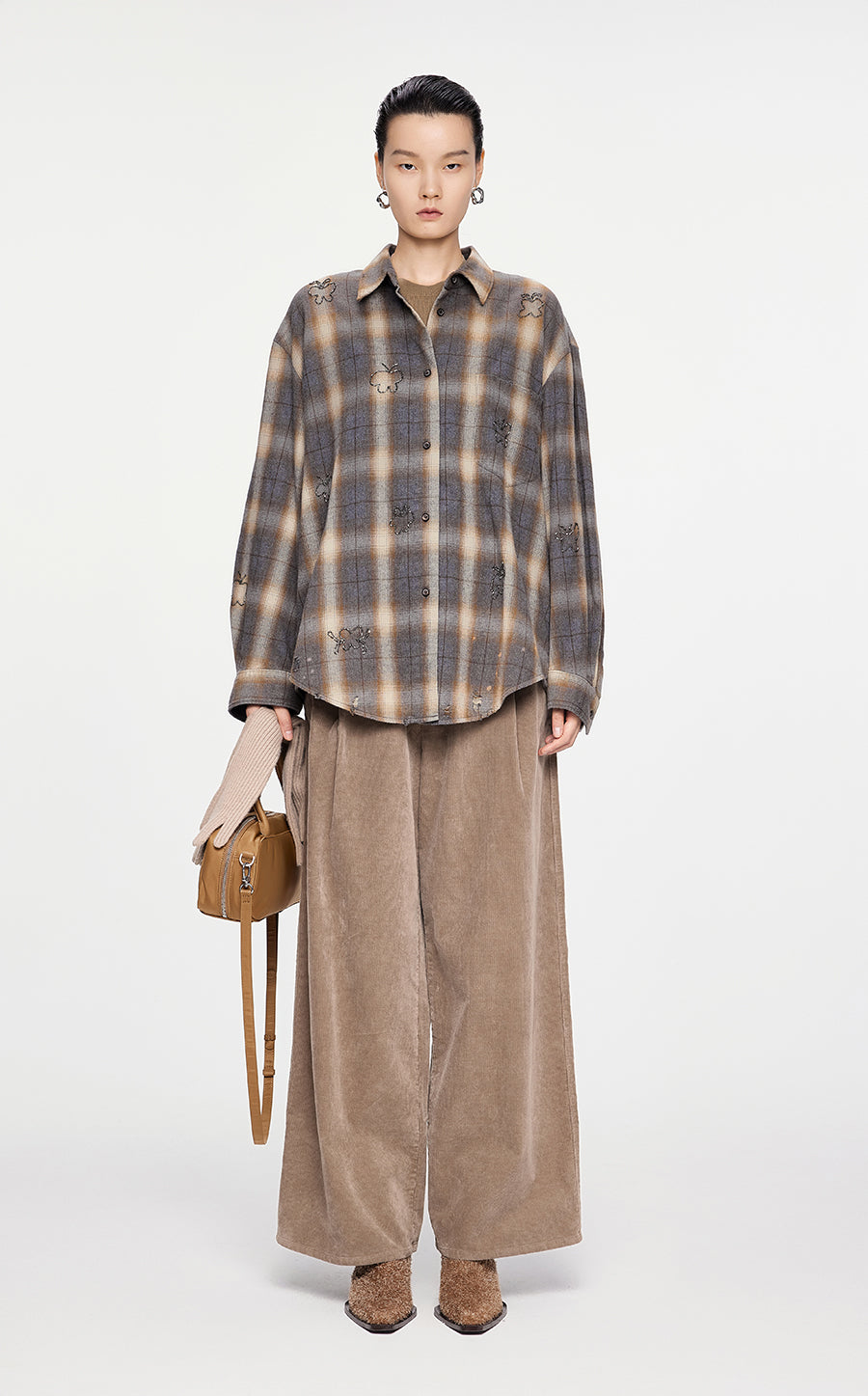 Shirt / JNBY Butterfly Pattern Plaid Shirt Grey