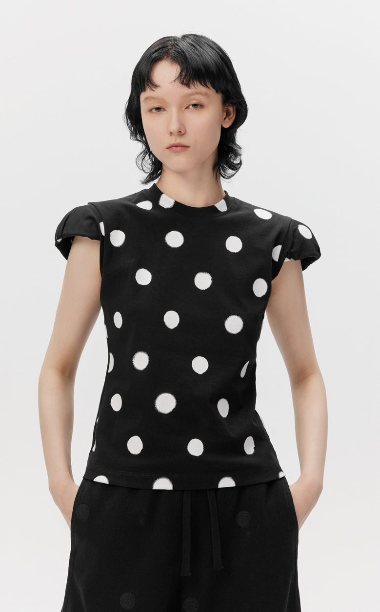 T-shirt / JNBY Polka Dot Slim Fit Round Neck Shoulder Pad Short Sleeve T-Shirt(100% cotton) Black