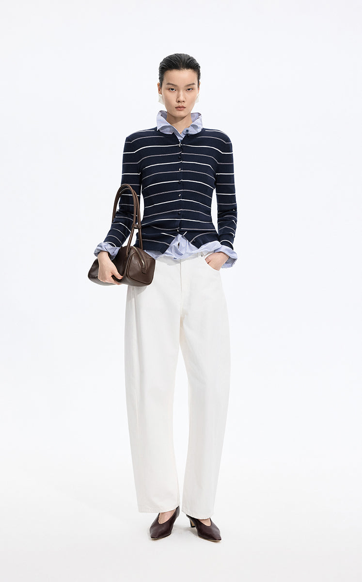 Cardigan / JNBY Merino Wool Blend Striped Ribbed Knit dark blue