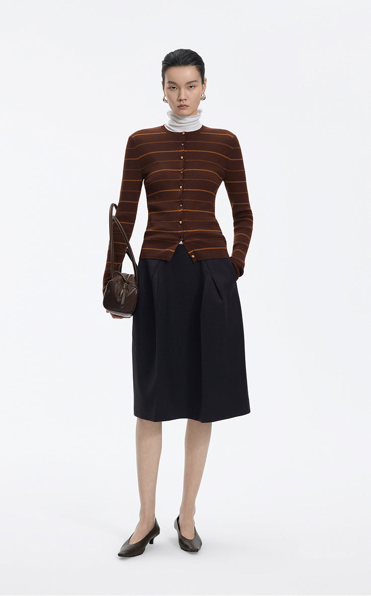 Cardigan / JNBY Merino Wool Blend Striped Ribbed Knit khaki color