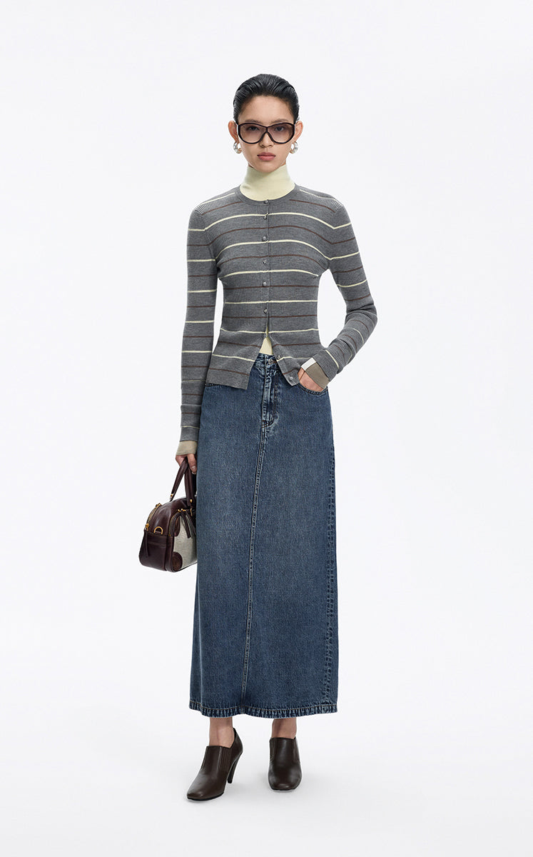 Cardigan / JNBY Merino Wool Blend Striped Ribbed Knit gray mixed color