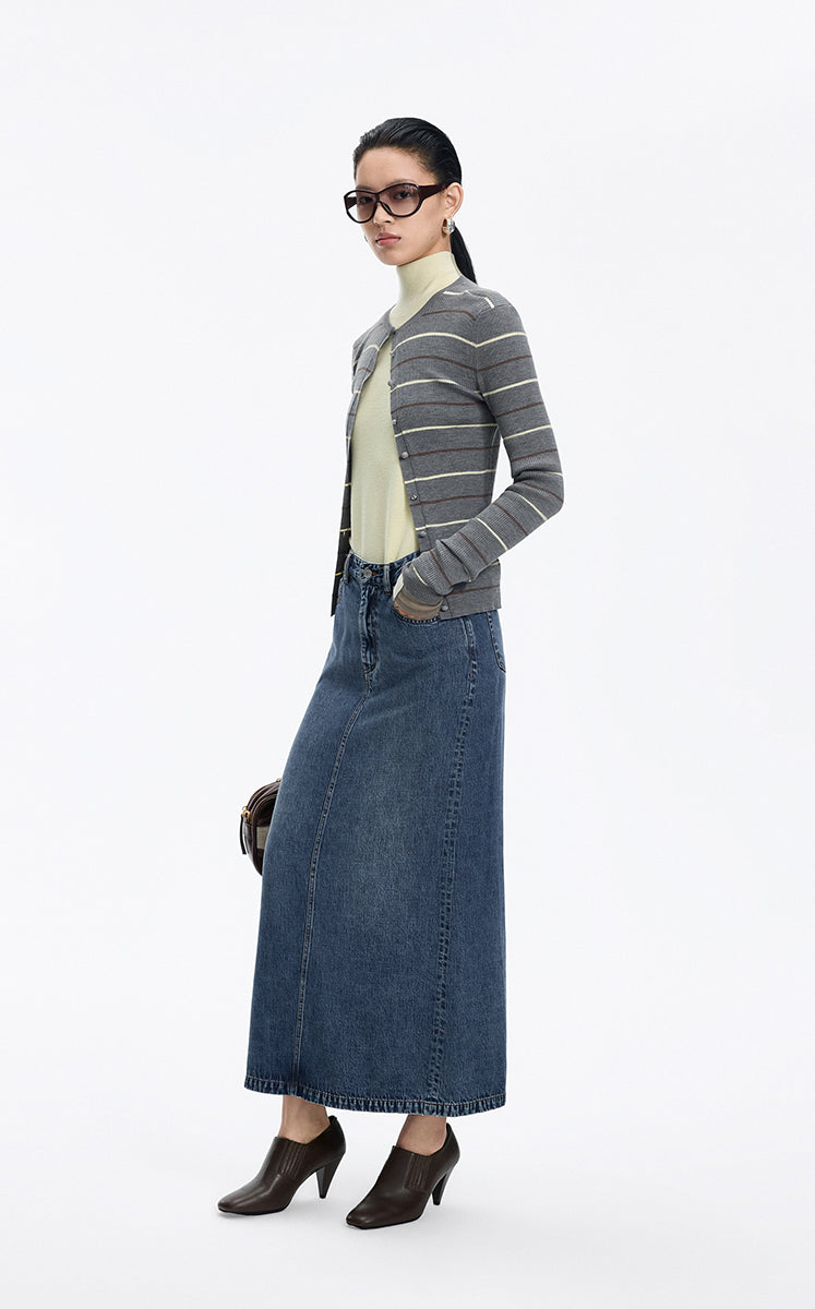 Cardigan / JNBY Merino Wool Blend Striped Ribbed Knit