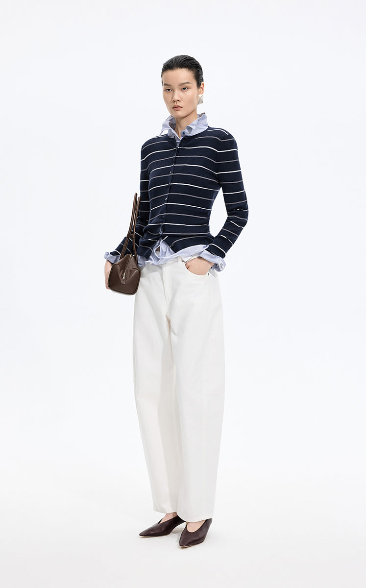 Cardigan / JNBY Merino Wool Blend Striped Ribbed Knit