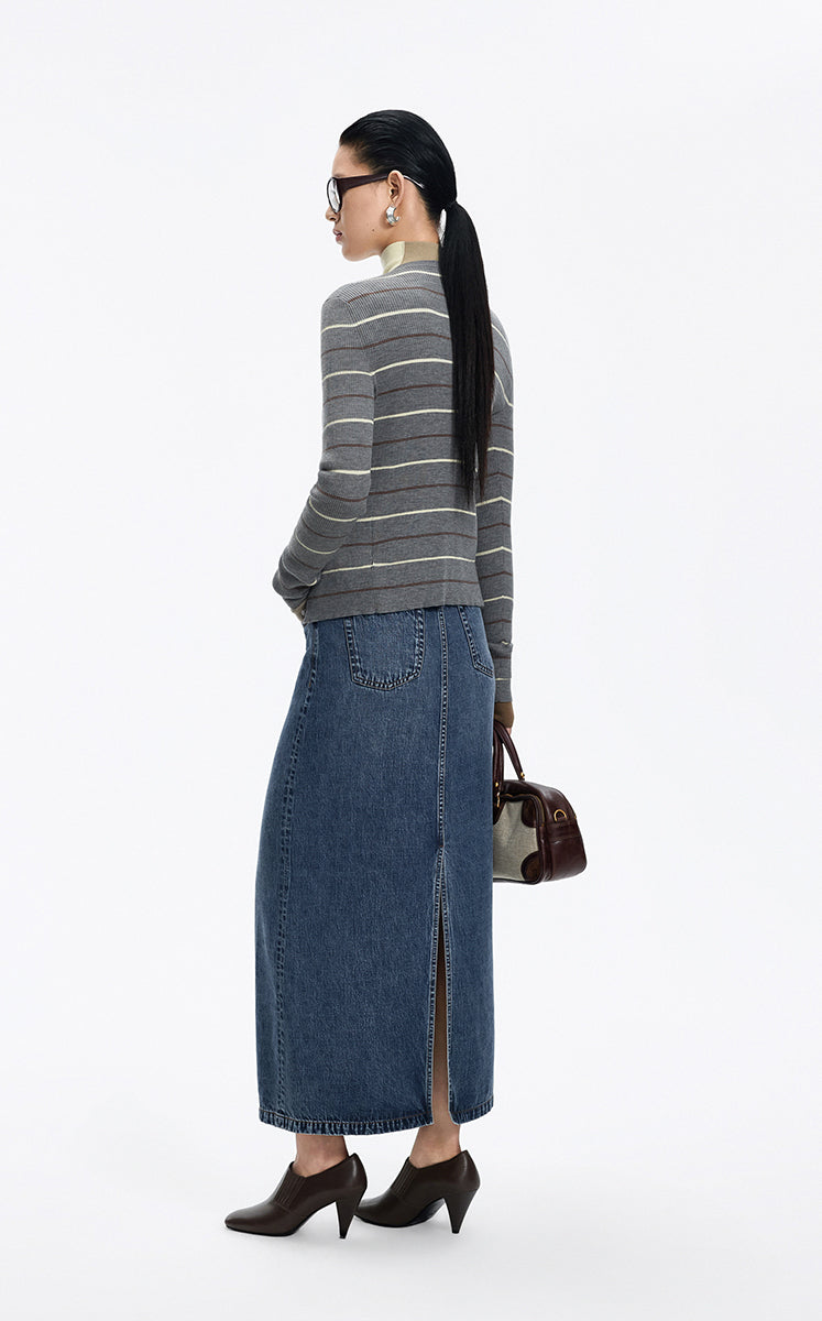 Cardigan / JNBY Merino Wool Blend Striped Ribbed Knit
