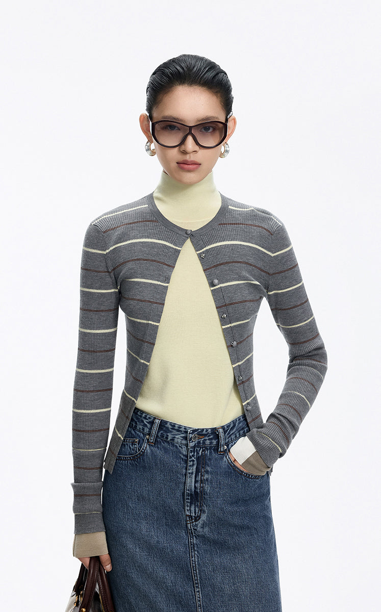 Cardigan / JNBY Merino Wool Blend Striped Ribbed Knit