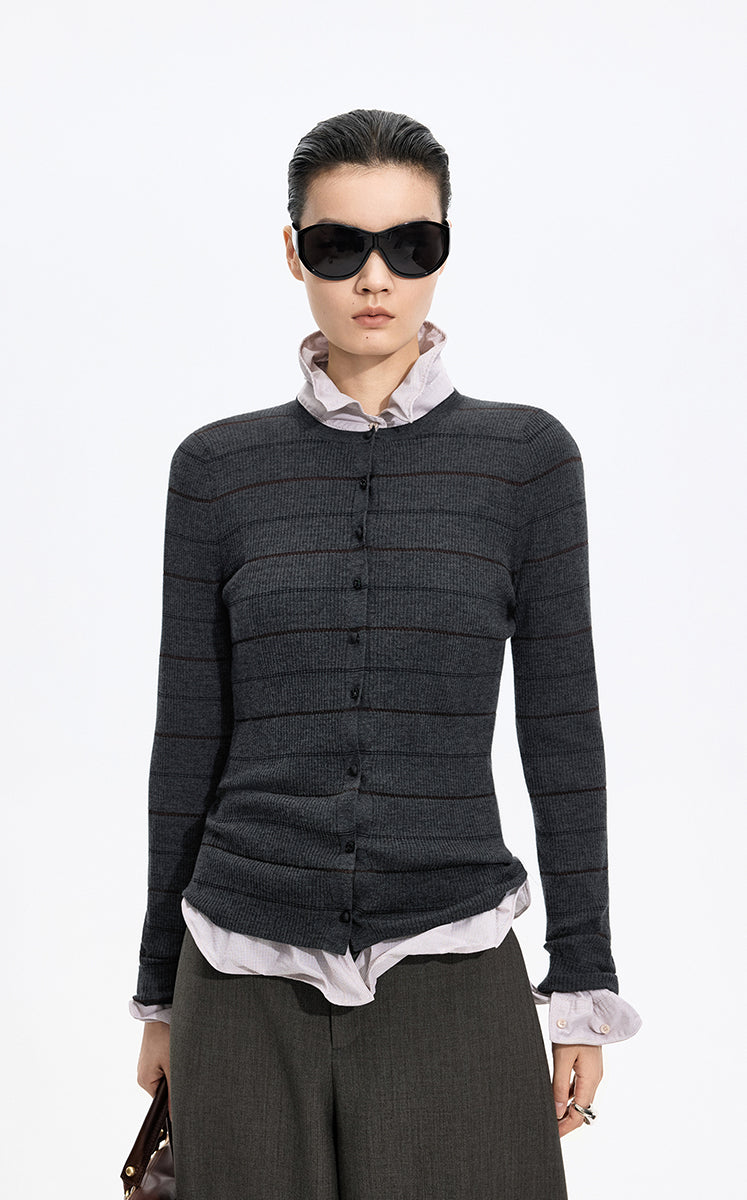 Cardigan / JNBY Merino Wool Blend Striped Ribbed Knit