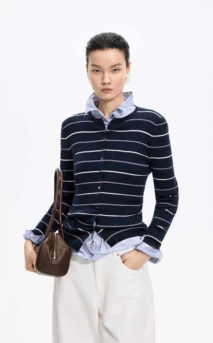 Cardigan / JNBY Merino Wool Blend Striped Ribbed Knit -3