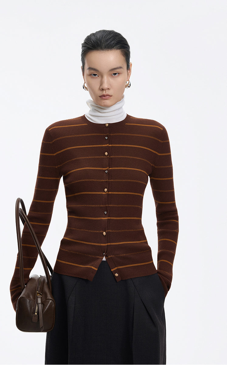 Cardigan / JNBY Merino Wool Blend Striped Ribbed Knit