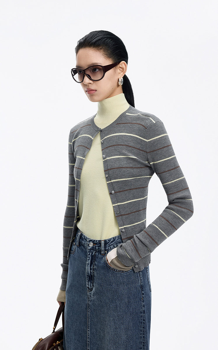 Cardigan / JNBY Merino Wool Blend Striped Ribbed Knit