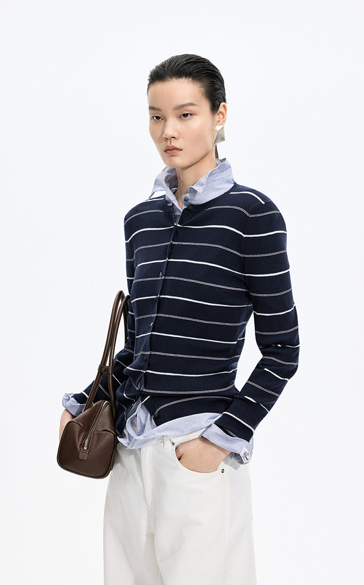 Cardigan / JNBY Merino Wool Blend Striped Ribbed Knit