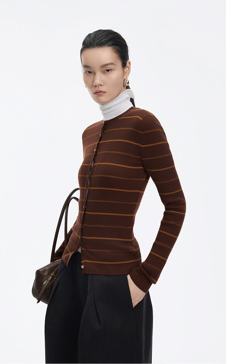Cardigan / JNBY Merino Wool Blend Striped Ribbed Knit