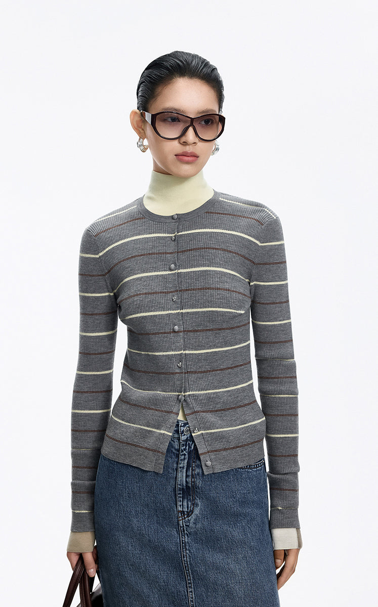 Cardigan / JNBY Merino Wool Blend Striped Ribbed Knit