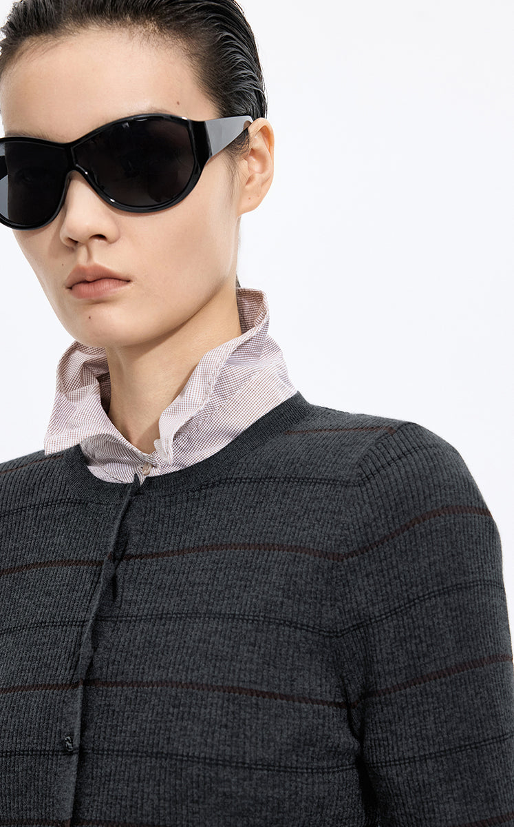 Cardigan / JNBY Merino Wool Blend Striped Ribbed Knit