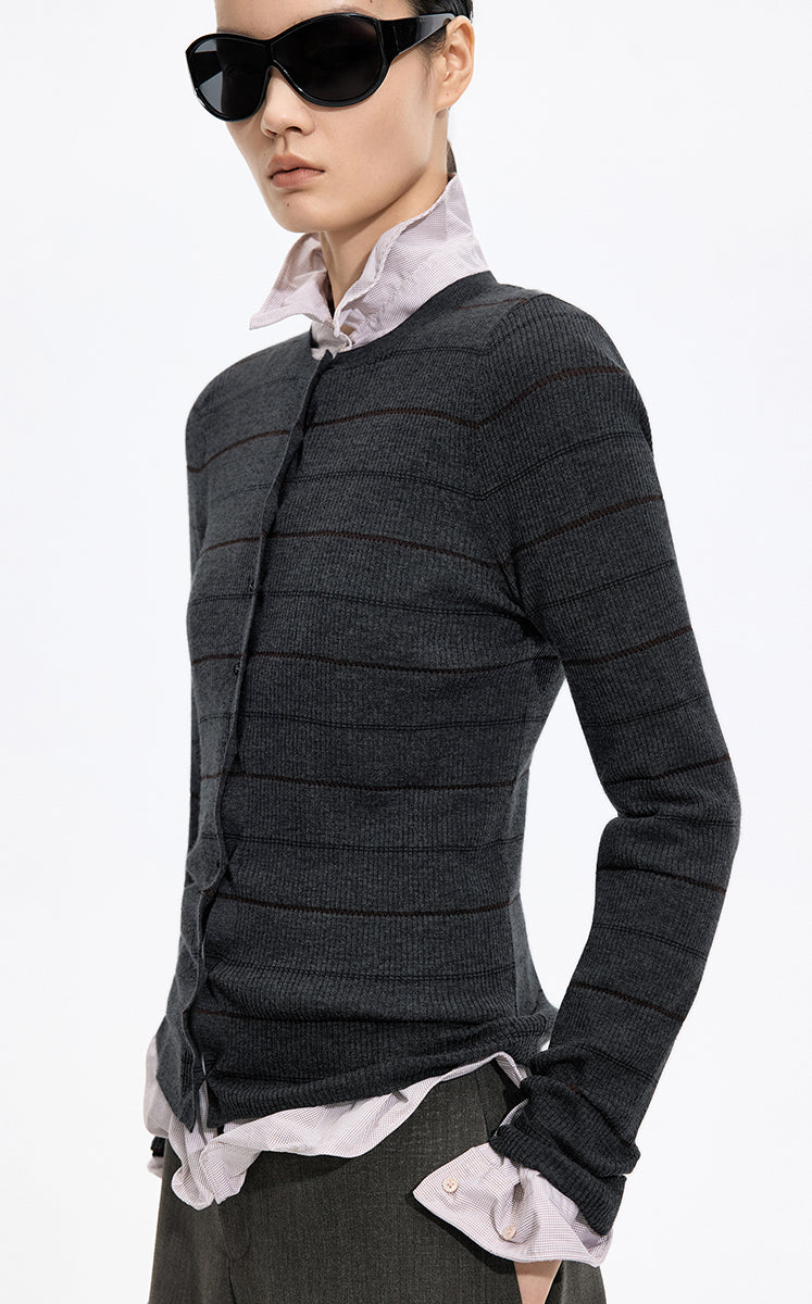 Cardigan / JNBY Merino Wool Blend Striped Ribbed Knit