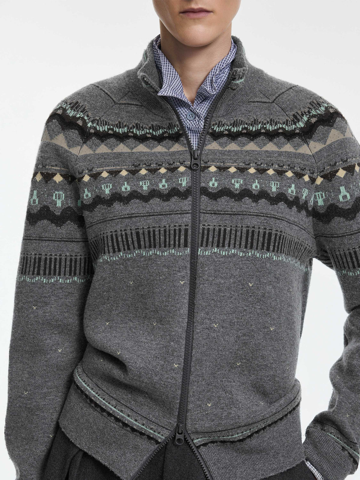 Cardigan / JNBY Merino Wool Cashmere Blend Jacquard Grey Mix-2