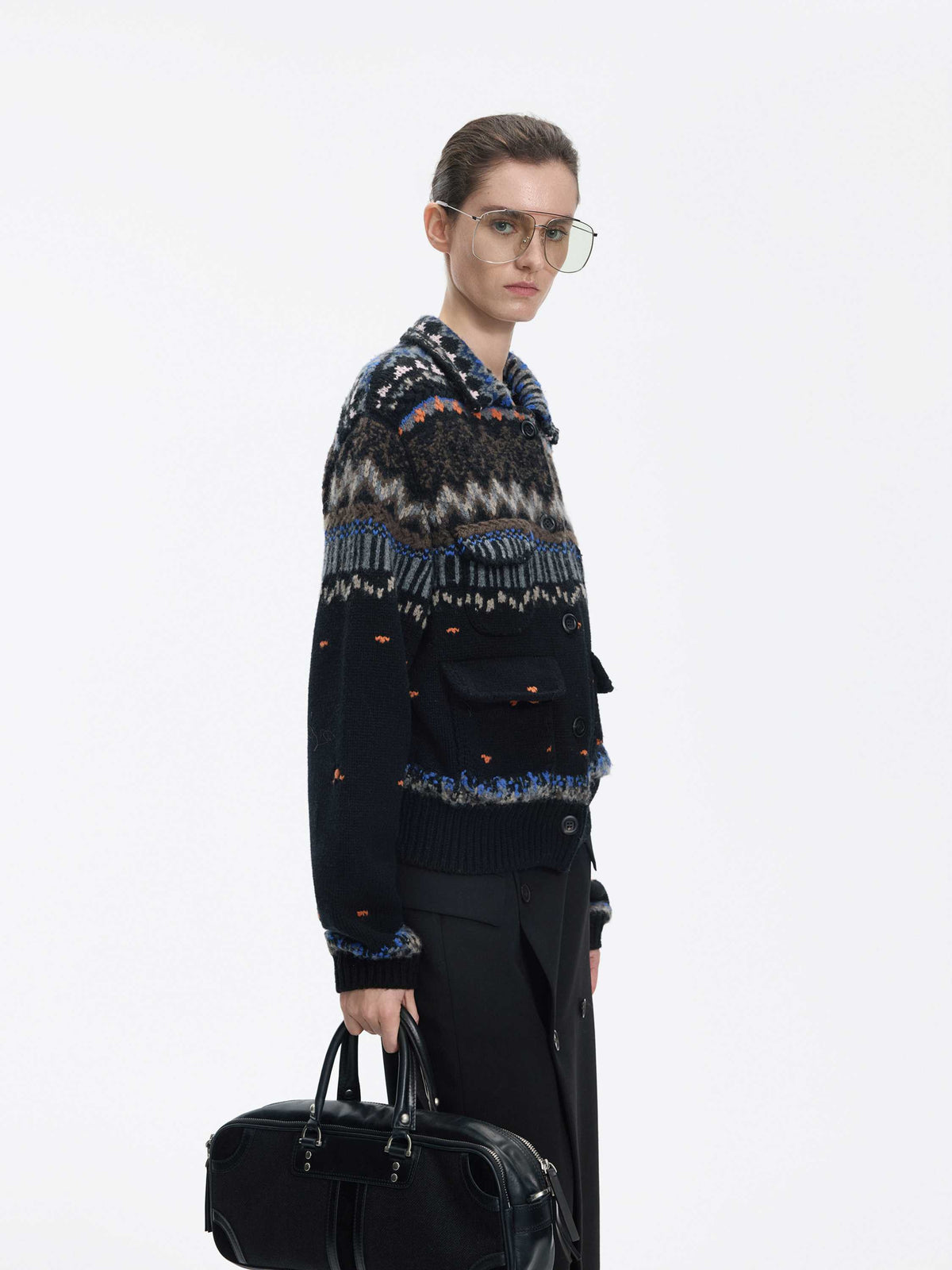 Cardigan / JNBY Merino Wool Jacquard Short Sweater Black Mix-1