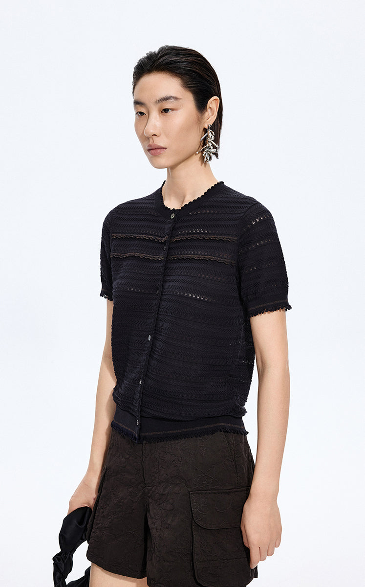 Cardigan / JNBY Open-Knit Cotton Cropped Cardigan Black Navy-3