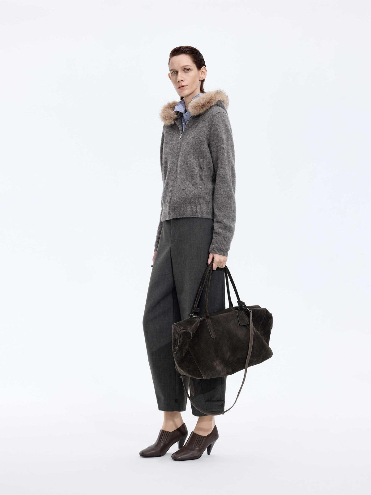 Cardigan / JNBY Wool Hooded Cropped Sweater Medium Heather Grey-2