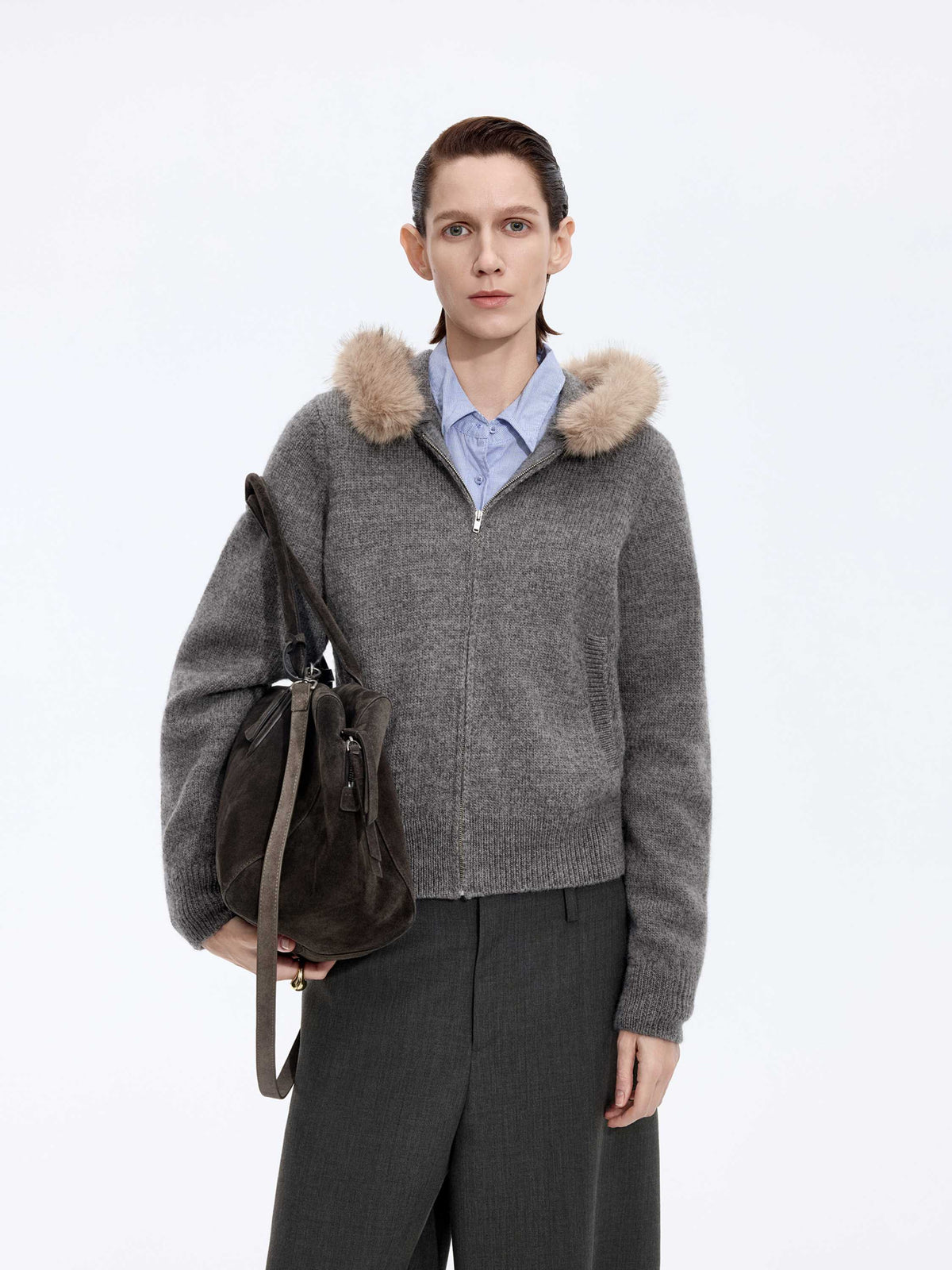 Cardigan / JNBY Wool Hooded Cropped Sweater Medium Heather Grey-2