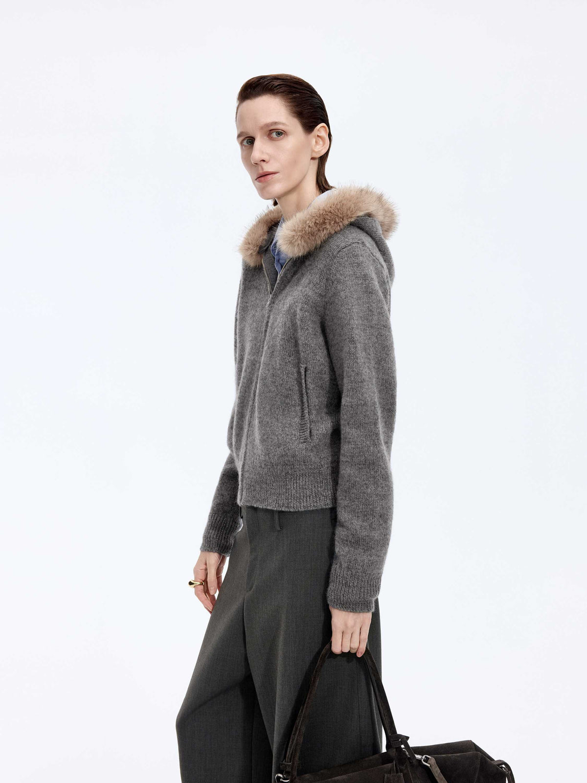 Cardigan / JNBY Wool Hooded Cropped Sweater Medium Heather Grey-2