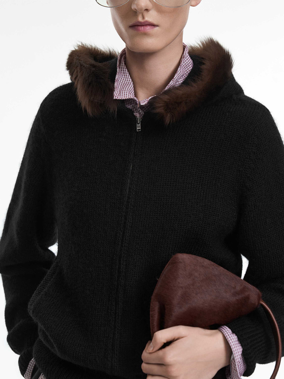 Cardigan / JNBY Wool Hooded Cropped Sweater Black-1