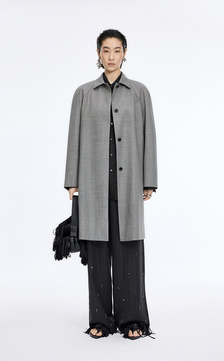 Coat / JNBY Wool Blend Loose A-Line Trench Coat Black-White
