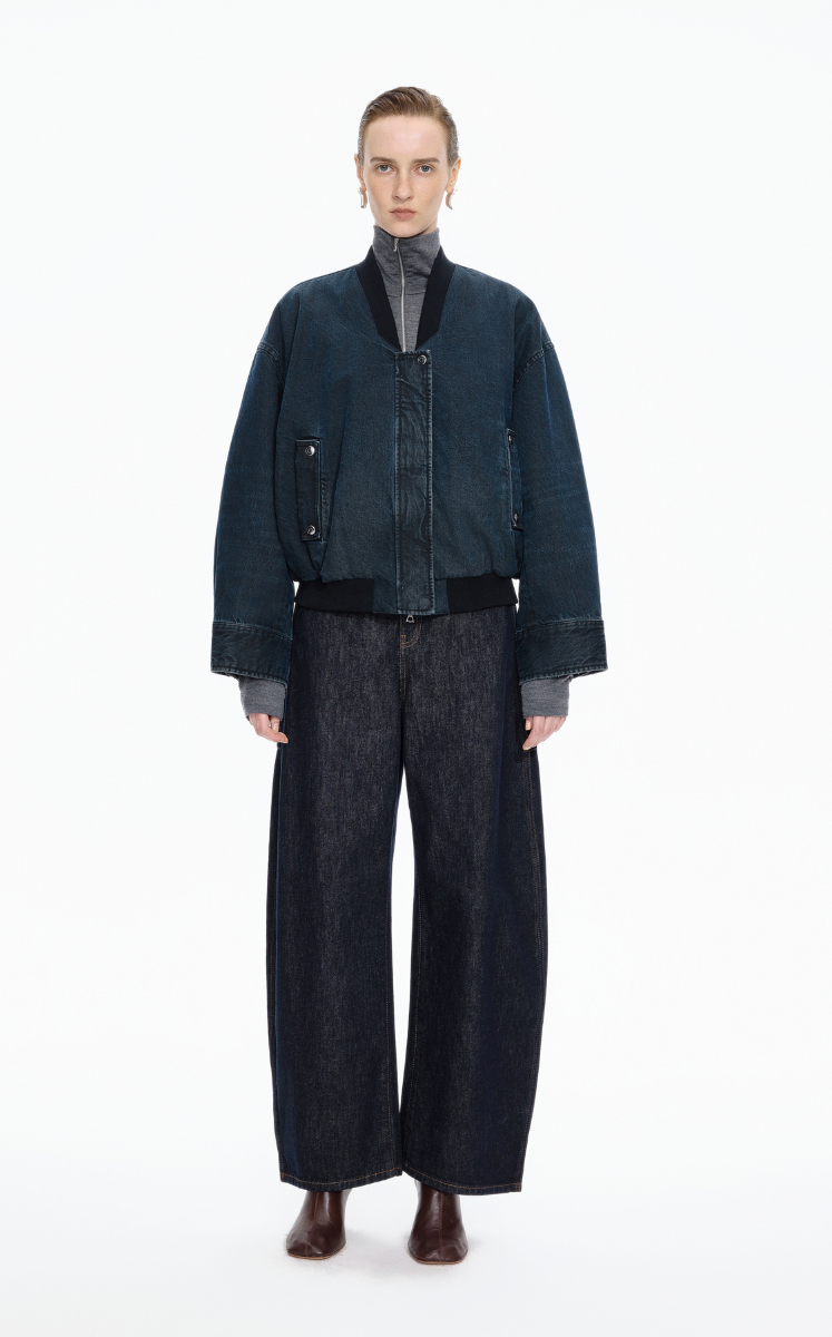 Down Coat / JNBY Denim texture Cropped Bomber Down Coat Blue