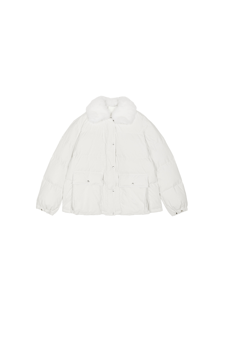 Down Coat / JNBY Shearling Collar A-Line Mid-Length Down Coat Rice White