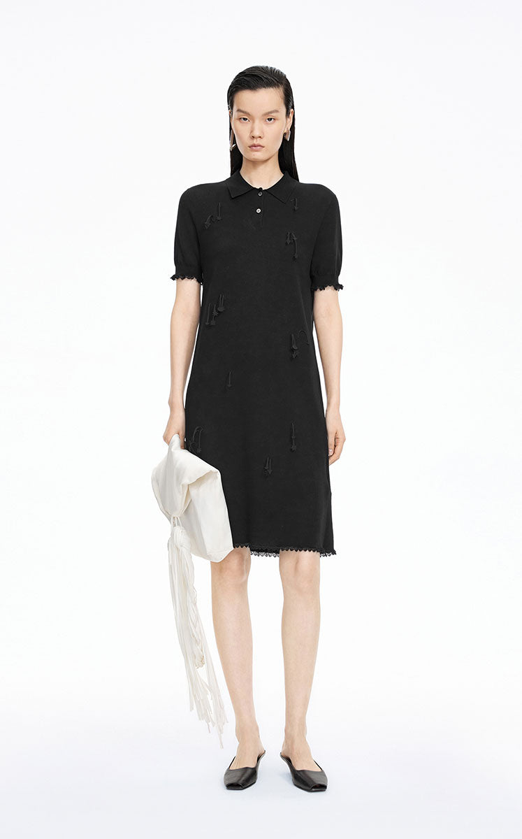 Dress / JNBY H-Line Cotton 3D Floral Tassels Dress Black