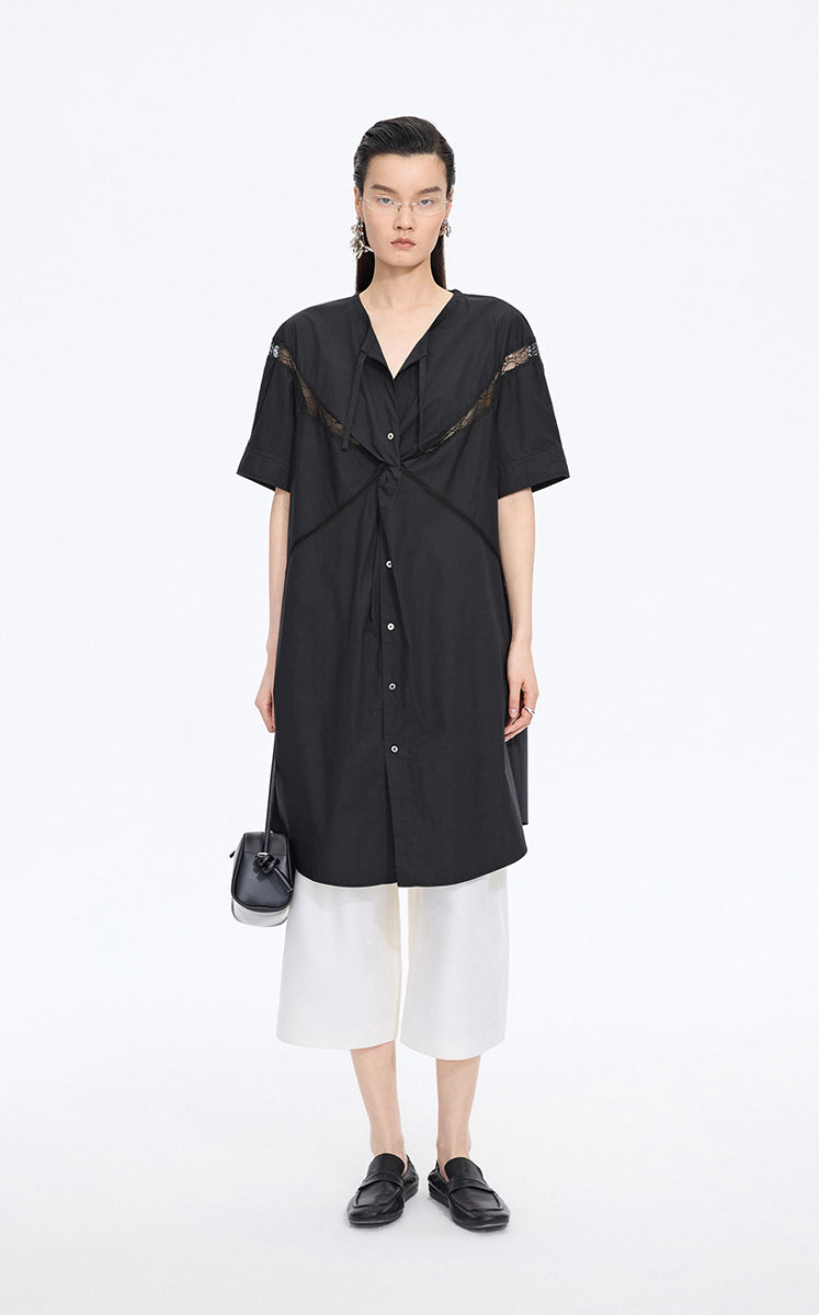 Dress / JNBY Lace Panel Twist V-Neck Dress Black