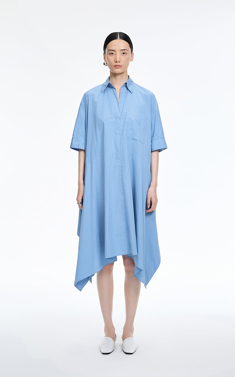 Dress / JNBY Oversized Shirt Collar Asymmetric Hem Dress Blue & White Stripe
