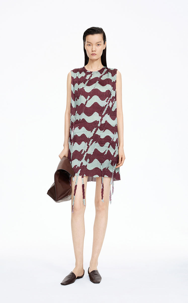 Dress / JNBY Pleated Fringe Hem Sleeveless Mini Dress Olive Brown