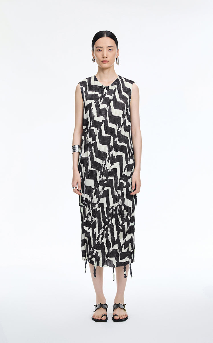 Dress / JNBY Pleated Fringe Hem Sleeveless Mini Dress Yellow & Black