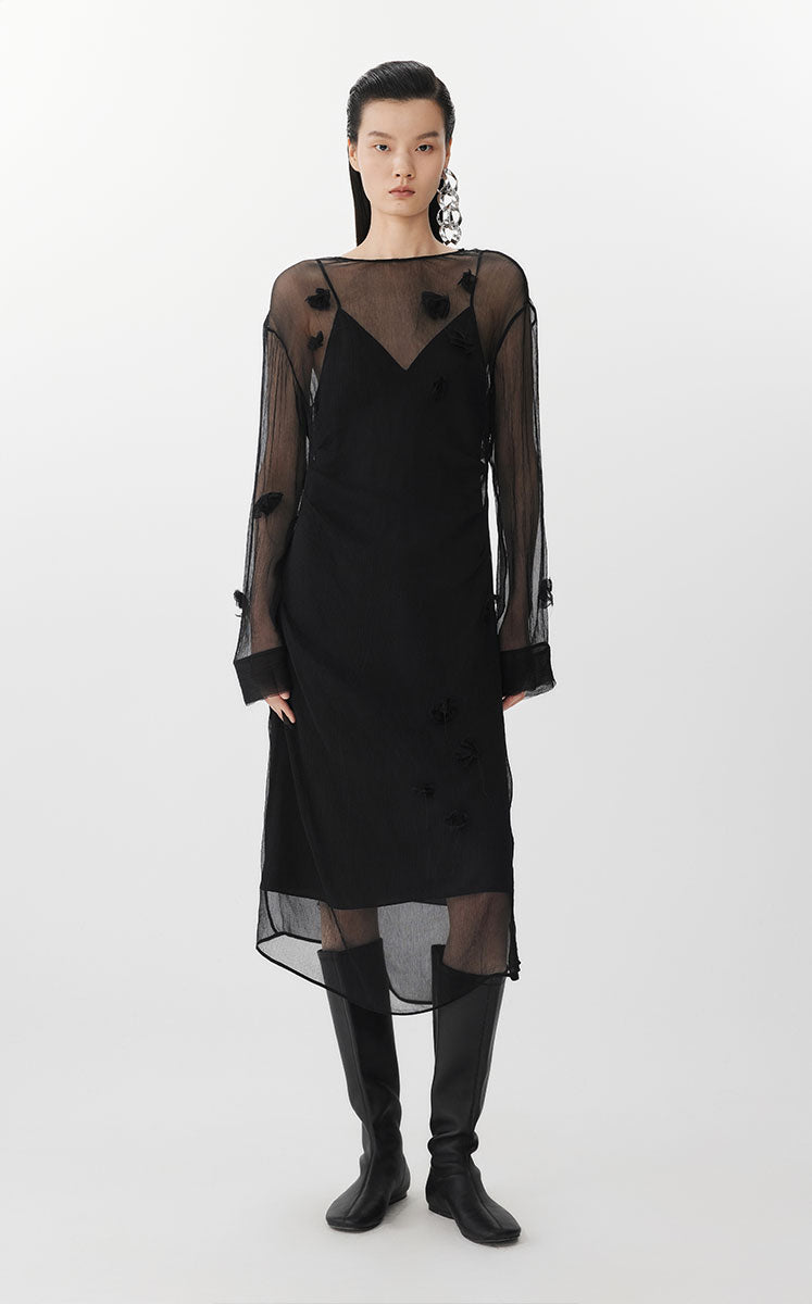 Dress / JNBY S-Shaped Silk Long Sleeve Dress Black