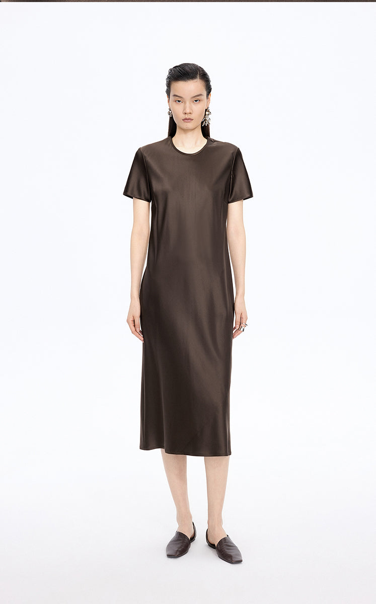 Dress / JNBY Silk Satin A-Line Short Sleeve Dress Dark Brown