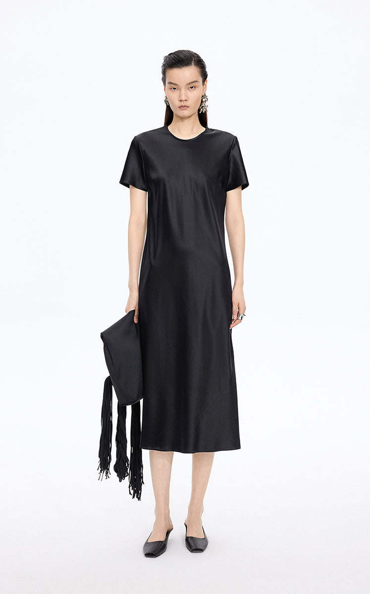 Dress / JNBY Silk Satin A-Line Short Sleeve Dress Black