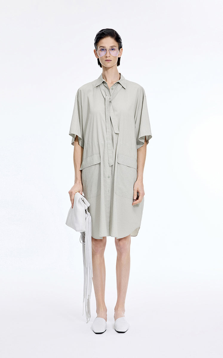 Dress / JNBY Textured Stripe Drawstring Shirt Dress Sage Green