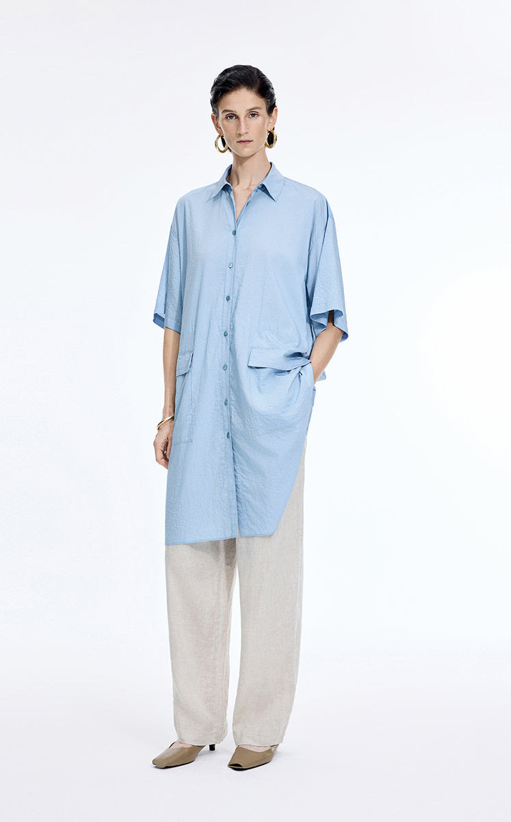 Dress / JNBY Textured Stripe Drawstring Shirt Dress Blue Black Stripe Check
